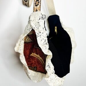 Handmade Upcycled Boho Crossbody Crescent Bag with Lace